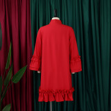 Loose Casual Ruffle Sleeve Tie Solid Midi Dress GMLF-D3248