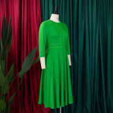 3/4 Sleeve Stand Neck Big Swing Midi Dress GMLF-D3222