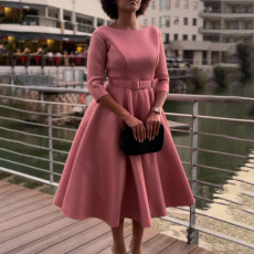Solid Color 3/4 Sleeve Big Swing Party Dress(With Waist Belt) GMLF-D346-B1