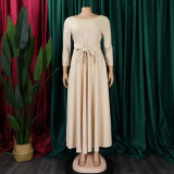 Plus Size Fashion Tie Up Big Swing Solid Maxi Dress GMLF-D3171