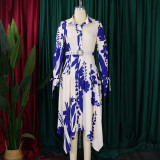 Print Lapel Irregular Maxi Dress(With Waist Belt) GMLF-D3264