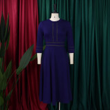 3/4 Sleeve Stand Neck Big Swing Midi Dress GMLF-D3222