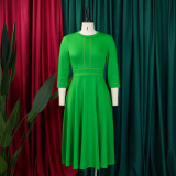 3/4 Sleeve Stand Neck Big Swing Midi Dress GMLF-D3222