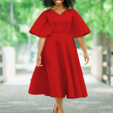 Flared Sleeves V-neck Big Swing Midi Dress GMLF-D3191