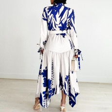 Print Lapel Irregular Maxi Dress(With Waist Belt) GMLF-D3264