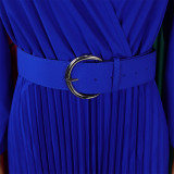 Long Sleeve V Neck Pleated Midi Dress(With Belt) GMLF-D3230