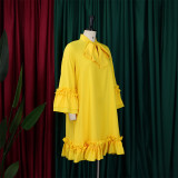 Loose Casual Ruffle Sleeve Tie Solid Midi Dress GMLF-D3248