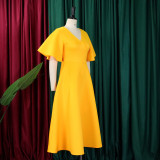 Flared Sleeves V-neck Big Swing Midi Dress GMLF-D3191