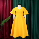 Flared Sleeves V-neck Big Swing Midi Dress GMLF-D3191