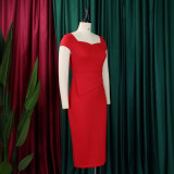 Short Sleeve Solid Color Midi Dress GMLF-D3195