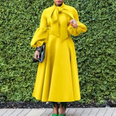 Tie Lantern Sleeve Bowknot Big Swing Midi Dress GMLF-B1-D427