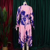 Print Lapel Irregular Maxi Dress(With Waist Belt) GMLF-D3264
