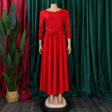 Plus Size Fashion Tie Up Big Swing Solid Maxi Dress GMLF-D3171