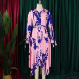 Print Lapel Irregular Maxi Dress(With Waist Belt) GMLF-D3264