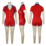 Color Blocked Zipper Mesh Patchwork Romper TE-4658