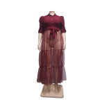 Plus Size See-through Mesh Patchwork Half Sleeve Cake Dress QYXZ-9104