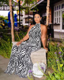 Zebra Print Halter Backless Wide Leg Jumpsuit QYXZ-9929