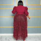 Plus Size Pearl Mesh Semi-sheer Half Sleeve Maxi Dress QYXZ-91041