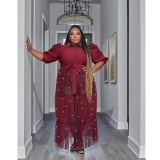 Plus Size Pearl Mesh Semi-sheer Half Sleeve Maxi Dress QYXZ-91041