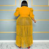 Plus Size Pearl Mesh Semi-sheer Half Sleeve Maxi Dress QYXZ-91041