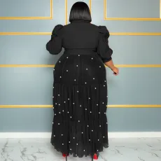 Plus Size Pearl Mesh Semi-sheer Half Sleeve Maxi Dress QYXZ-91041
