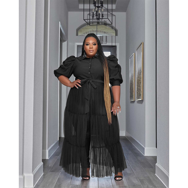 Plus Size See-through Mesh Patchwork Half Sleeve Cake Dress QYXZ-9104