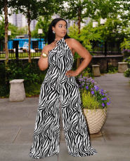 Zebra Print Halter Backless Wide Leg Jumpsuit QYXZ-9929