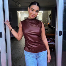 Leather Stacked Sleeveless Top GDSF-D23TP298