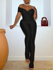 Off Shoulder V-neck  Slim Casual Sports Two Piece Set ME-8491