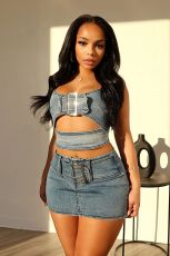 Fashion Adjustable Casual Denim 2 Piece Skirt Set YMEF-51060