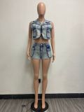 Fashion Multi-pocket Vest Denim Two Piece Short Set YMEF-51065