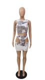 Sexy Print Sleeveless Hollow Out 2 Piece Set QXTF-8842