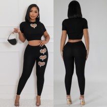 Fashion Rhinestone Hollow Out Two Piece Pants Set  LSL-6523