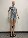 Fashion Multi-pocket Vest Denim Two Piece Short Set YMEF-51065