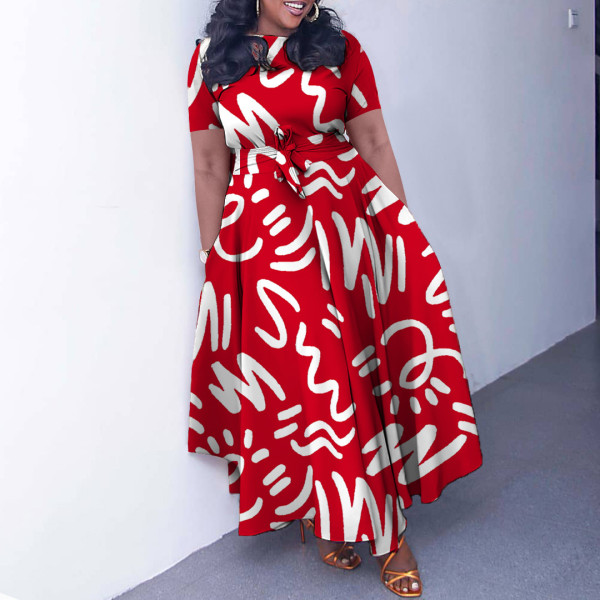Plus Size Fashion Tie Up Print Maxi Dress NNWF-7965