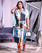 Plus Size Loose Print Shirt Pleated Pant Suit QYXZ-9947