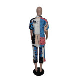 Plus Size Loose Print Shirt Pleated Pant Suit QYXZ-9947