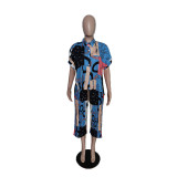 Plus Size Loose Print Shirt Pleated Pant Suit QYXZ-9947