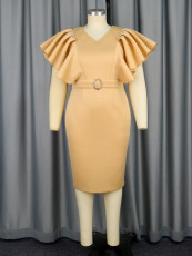 Plus Size V Neck Pleated Ruffle Sleeve Midi Dress(With Belt) GKEN-AM040125