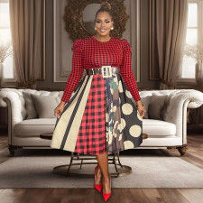 Plus Size Press Pleated Printed Long Sleeve Big Swing Two Piece Set NNWF-7973