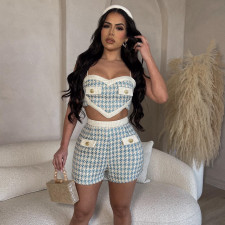 Houndstooth Print Sling Vest Two Piece Short Set MDF-5395