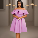 Plus Size Solid Off Shoulder Ruffled Big Swing Midi Dress GKEN-AM040113