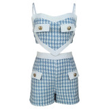 Houndstooth Print Sling Vest Two Piece Short Set MDF-5395