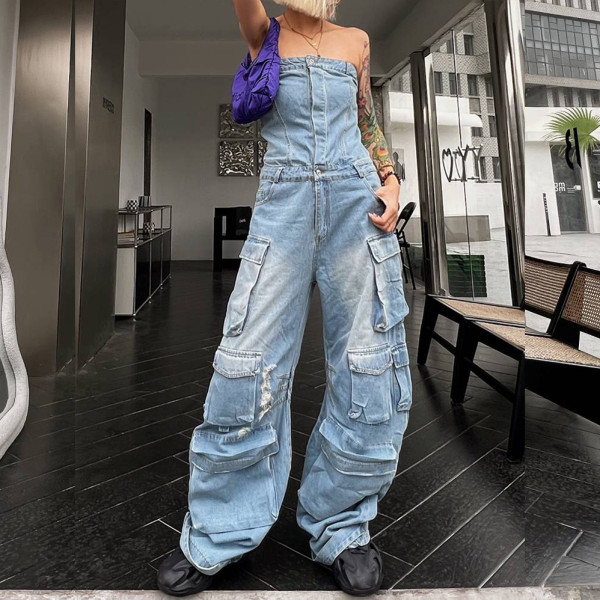Tube Tops Multi-pocket Denim Jumpsuit GACF-DJU202677