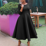 Solid Color O Neck Big Swing Midi Dress GATE-D346