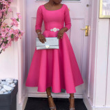 Solid Color O Neck Big Swing Midi Dress GATE-D346