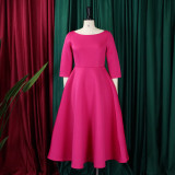 Solid Color O Neck Big Swing Midi Dress GATE-D346