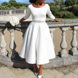 Solid Color O Neck Big Swing Midi Dress GATE-D346
