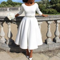 Solid Color O Neck Big Swing Midi Dress GATE-D346