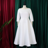 Solid Color O Neck Big Swing Midi Dress GATE-D346